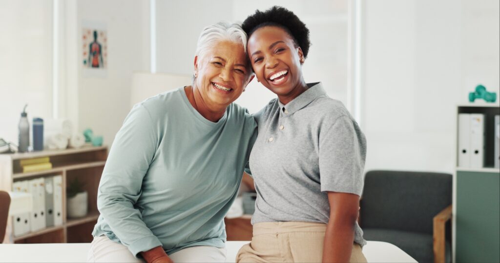 Portrait, senior woman and happy physical therapist for healthcare, help and wellness. Patient, phy